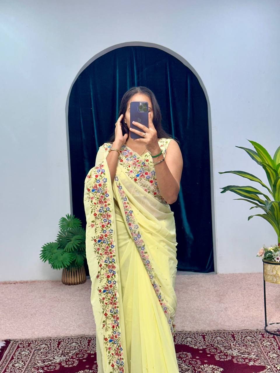Premium Embroidered Faux Georgette Saree with Traditional Handwork Border (Light Yellow)