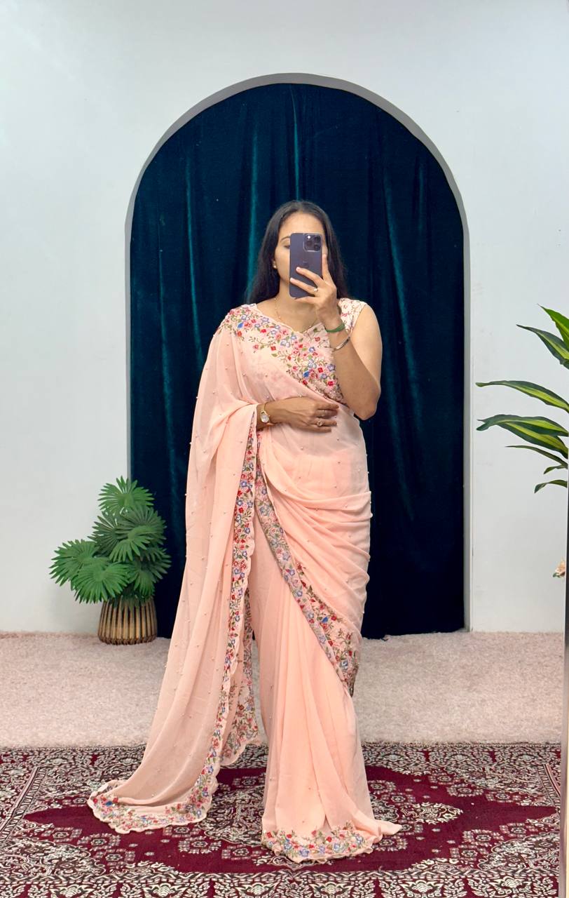 Premium Embroidered Faux Georgette Saree with Traditional Handwork Border (Peach)