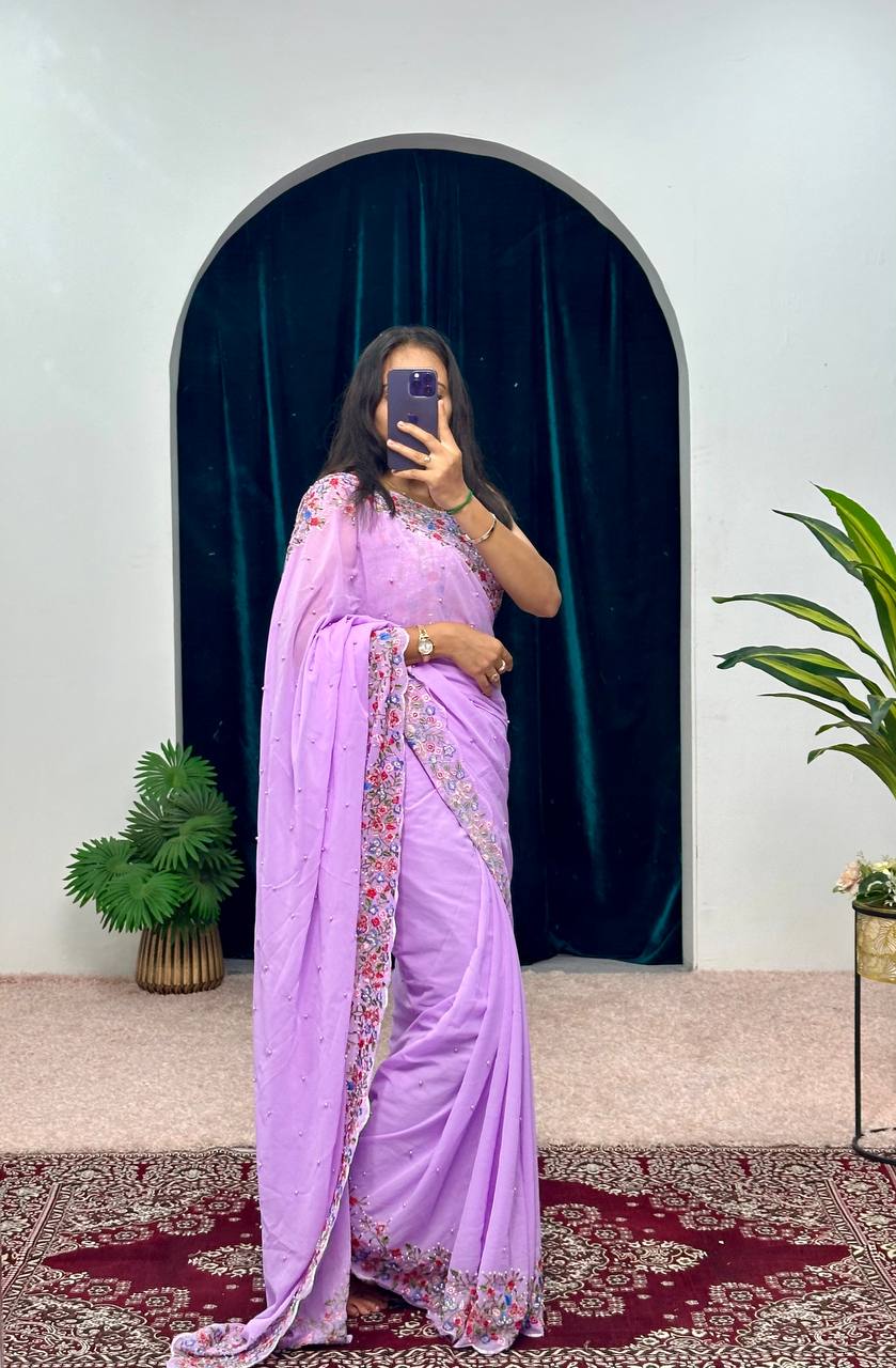 Premium Embroidered Faux Georgette Saree with Traditional Handwork Border (Purple)