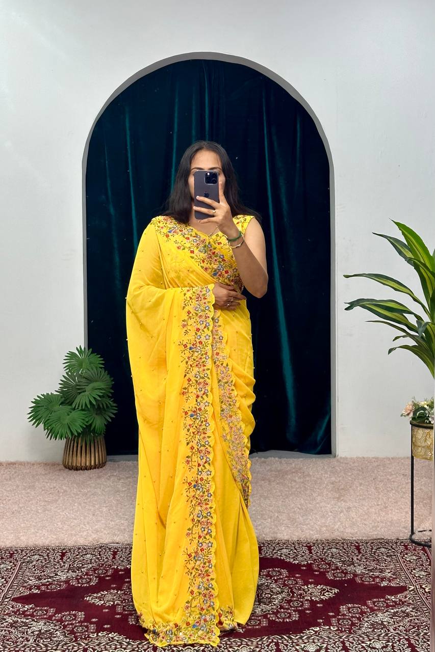 Premium Embroidered Faux Georgette Saree with Traditional Handwork Border (Yellow)