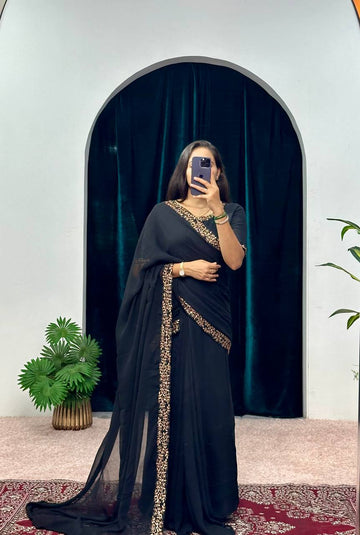 Designer Embroidered Kurti Set with Palazzo, Lace Dupatta & Organza Shrug (Black)
