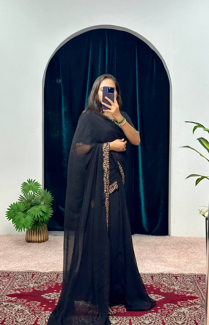 Designer Embroidered Kurti Set with Palazzo, Lace Dupatta & Organza Shrug (Black)