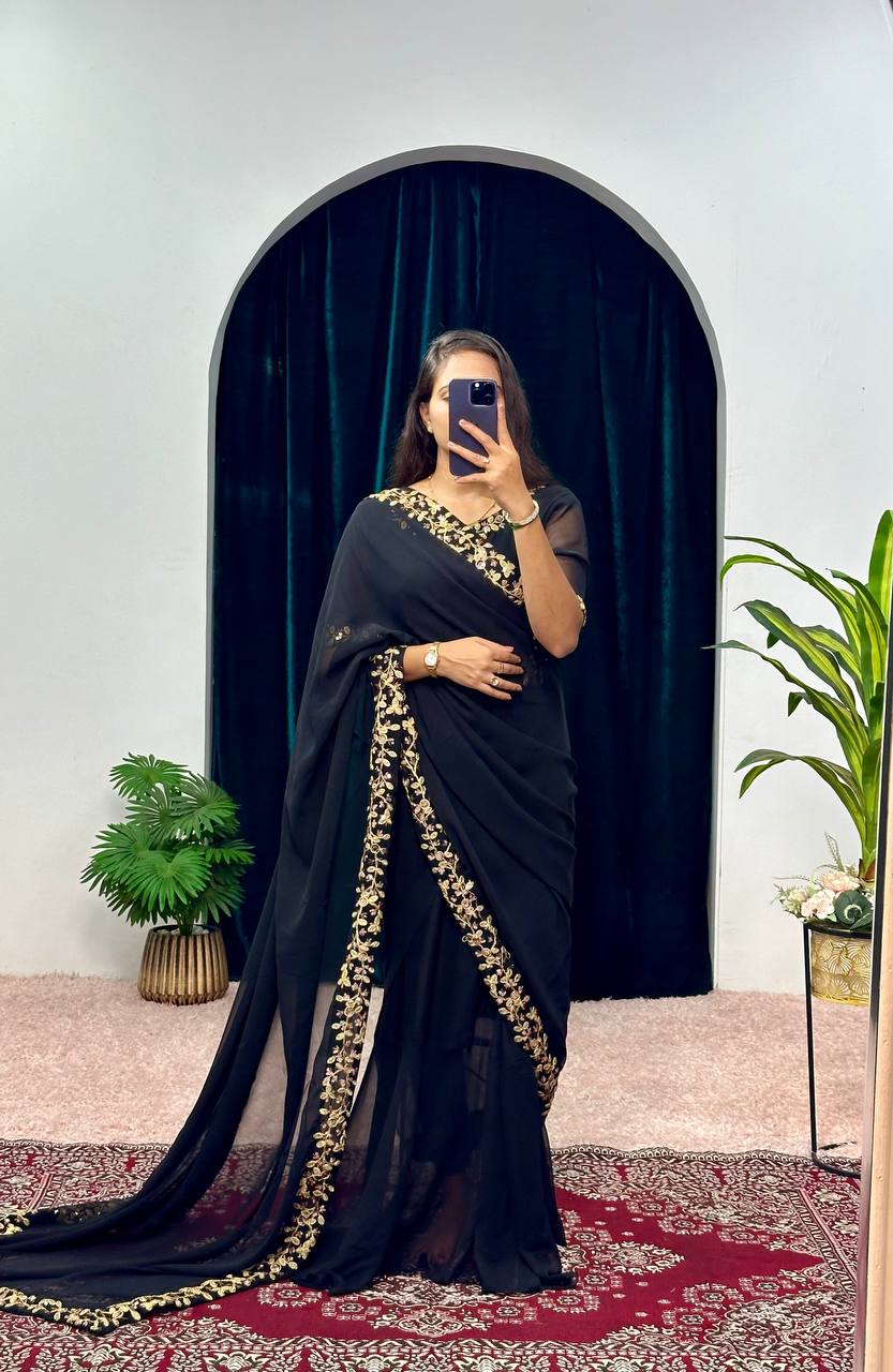 Elegant Faux Georgette Gown with Attached Pallu & Embroidery Lace Dupatta (Black)