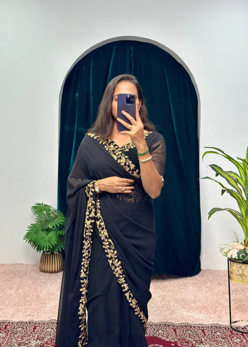 Elegant Faux Georgette Gown with Attached Pallu & Embroidery Lace Dupatta (Black)