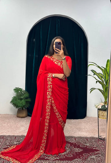 Elegant Faux Georgette Gown with Attached Pallu & Embroidery Lace Dupatta (Red)