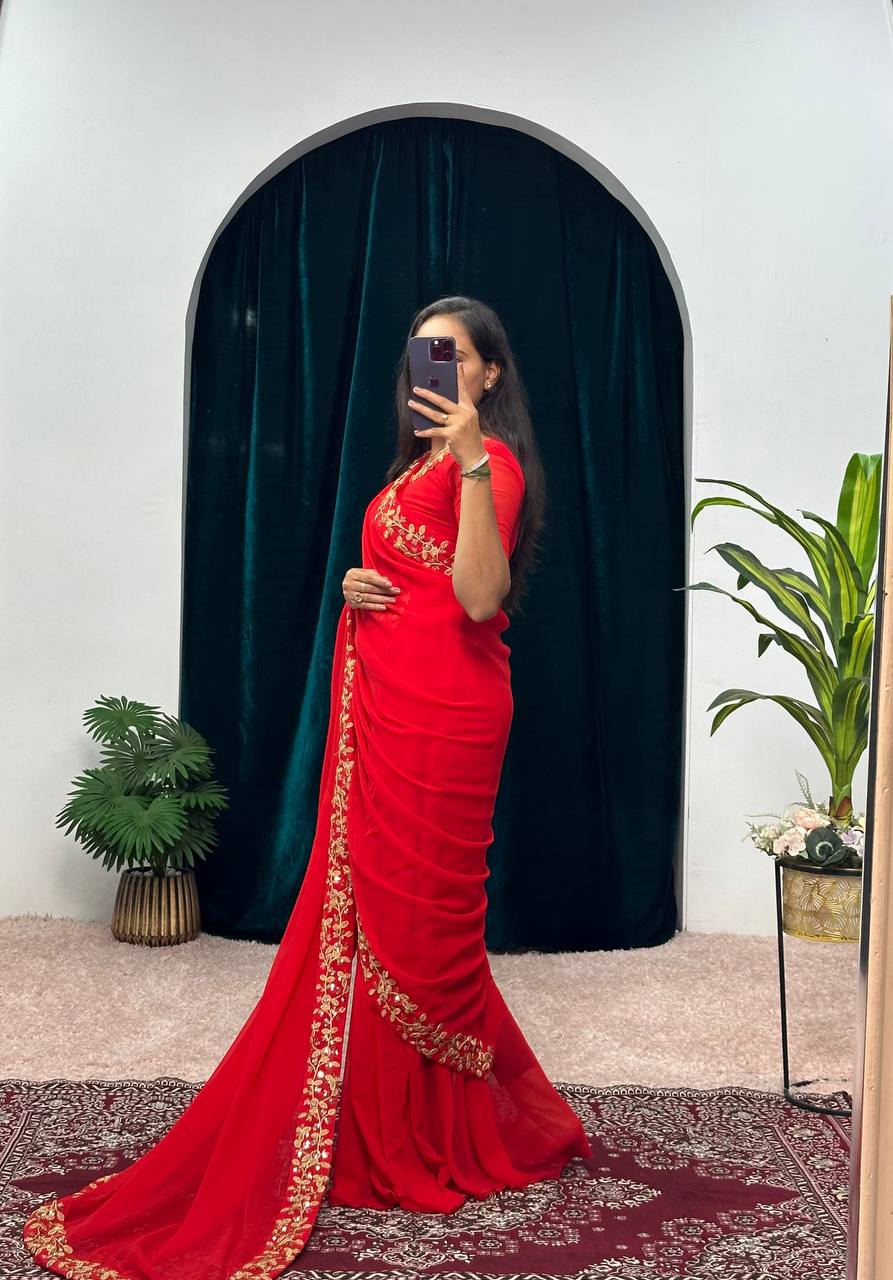 Elegant Faux Georgette Gown with Attached Pallu & Embroidery Lace Dupatta (Red)