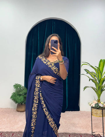 Elegant Faux Georgette Gown with Attached Pallu & Embroidery Lace Dupatta (Blue)