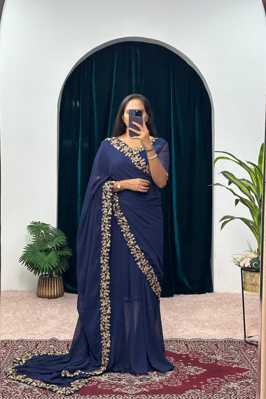 Elegant Faux Georgette Gown with Attached Pallu & Embroidery Lace Dupatta (Blue)