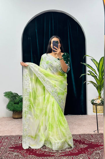 Shibori Print Burbery Saree with Zari Embroidery & Cutwork Border