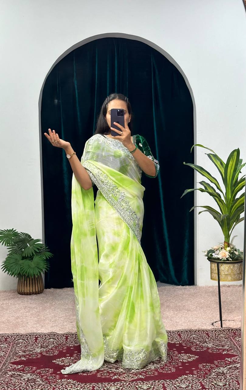 Shibori Print Burbery Saree with Zari Embroidery & Cutwork Border