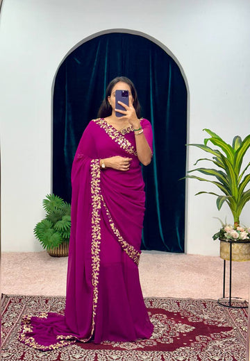 Elegant Faux Georgette Gown with Attached Pallu & Embroidery Lace Dupatta (Maroon)