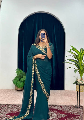 Elegant Faux Georgette Gown with Attached Pallu & Embroidery Lace Dupatta (Green)