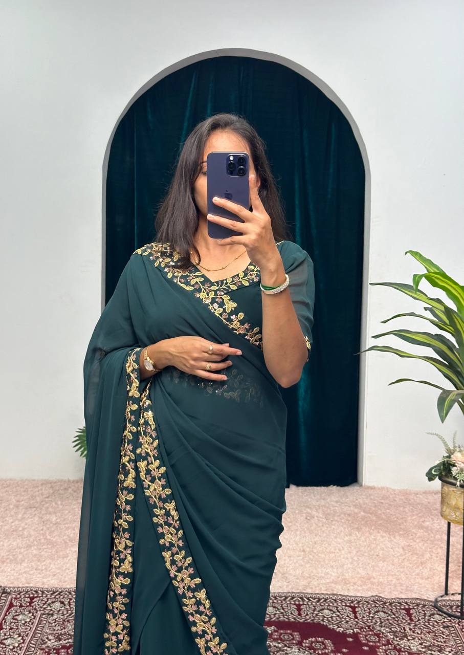 Elegant Faux Georgette Gown with Attached Pallu & Embroidery Lace Dupatta (Green)