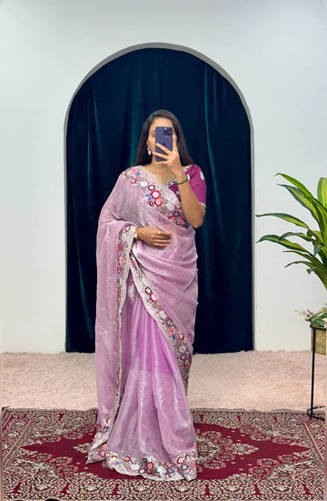 Traditional Blooming Rangoli Saree with Pearl Work & Cut Border (Purple)