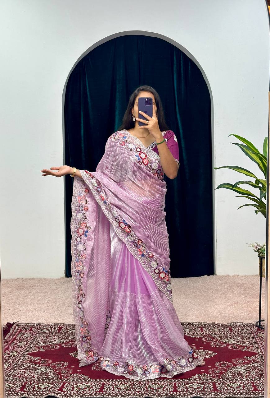 Traditional Blooming Rangoli Saree with Pearl Work & Cut Border (Purple)