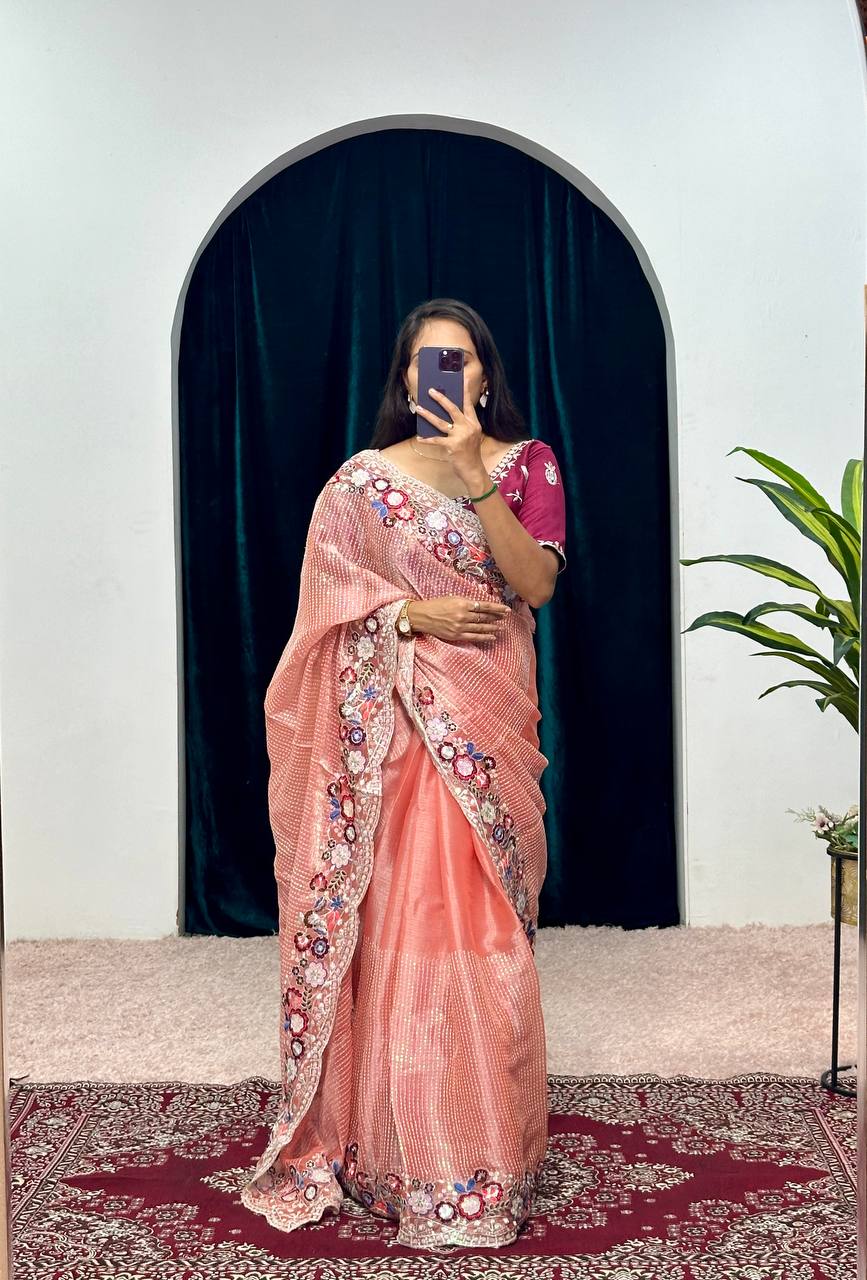 Traditional Blooming Rangoli Saree with Pearl Work & Cut Border (Peach)