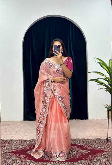 Traditional Blooming Rangoli Saree with Pearl Work & Cut Border (Peach)