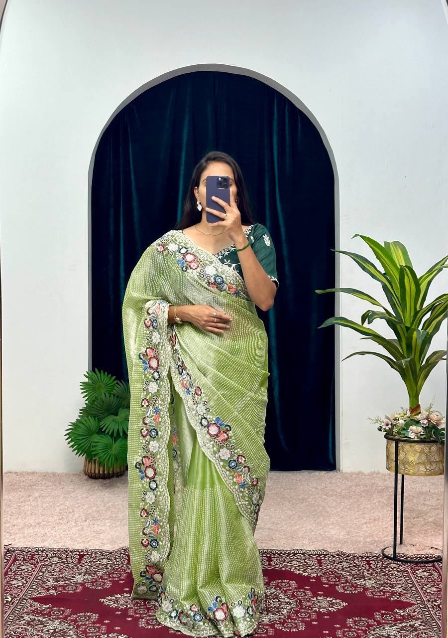 Traditional Blooming Rangoli Saree with Pearl Work & Cut Border (Green)