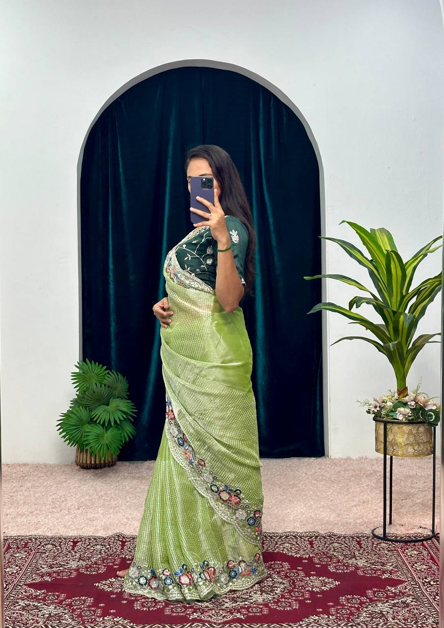 Traditional Blooming Rangoli Saree with Pearl Work & Cut Border (Green)