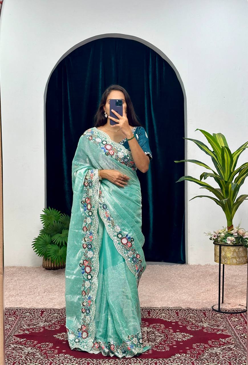 Traditional Blooming Rangoli Saree with Pearl Work & Cut Border (Sky Blue)