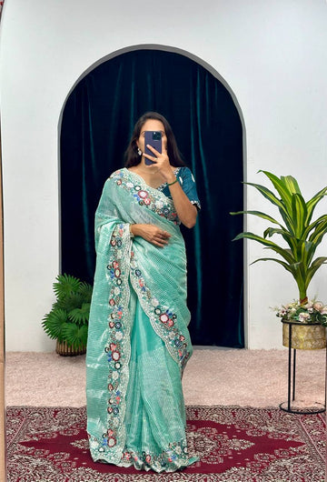 Traditional Blooming Rangoli Saree with Pearl Work & Cut Border (Sky Blue)