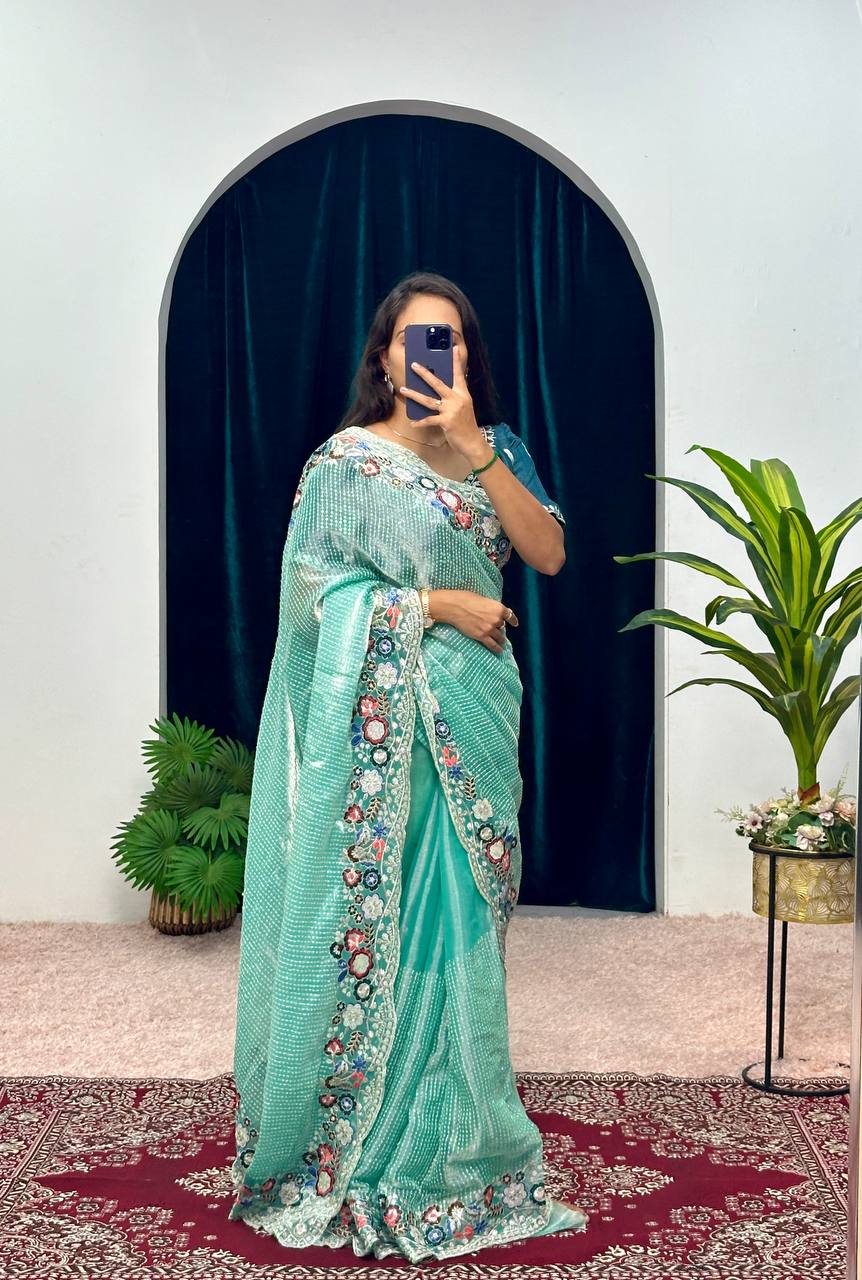 Traditional Blooming Rangoli Saree with Pearl Work & Cut Border (Sky Blue)