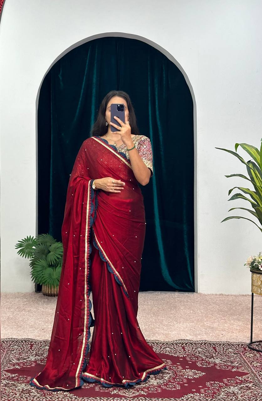 Graceful Pearl Moti Work Saree on Blooming Rangoli Fabric with Cutwork Border