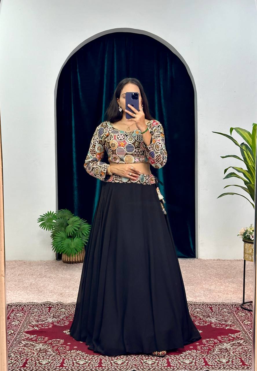 Elegant Faux Georgette Embroidered Lehenga with Full-Sleeve Banglory Blouse