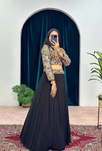Elegant Faux Georgette Embroidered Lehenga with Full-Sleeve Banglory Blouse