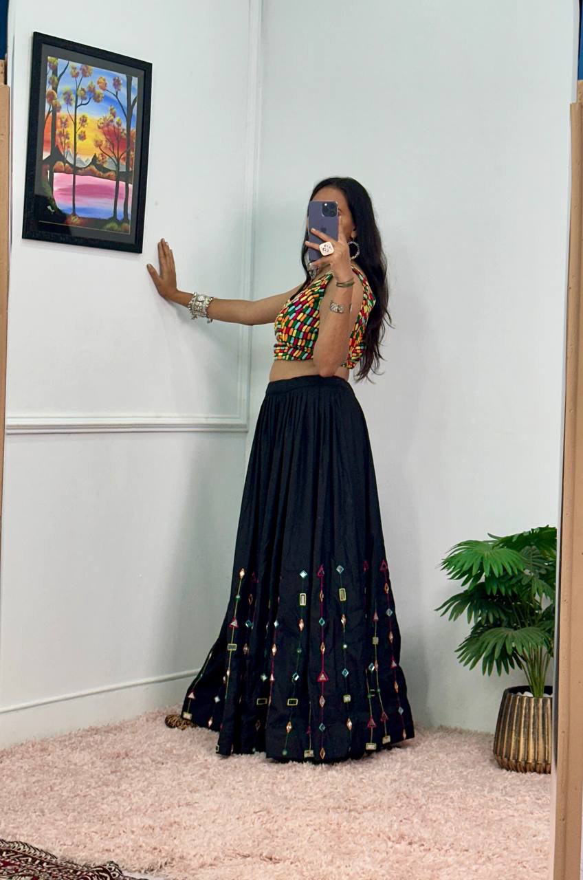 Designer Rayon Lehenga with 4 Meter Flair & Banglory Embroidered Blouse (Black)
