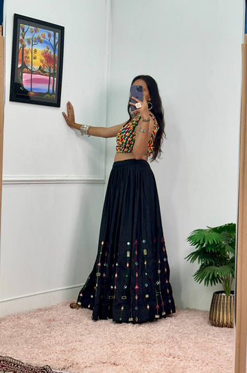 Designer Rayon Lehenga with 4 Meter Flair & Banglory Embroidered Blouse (Black)