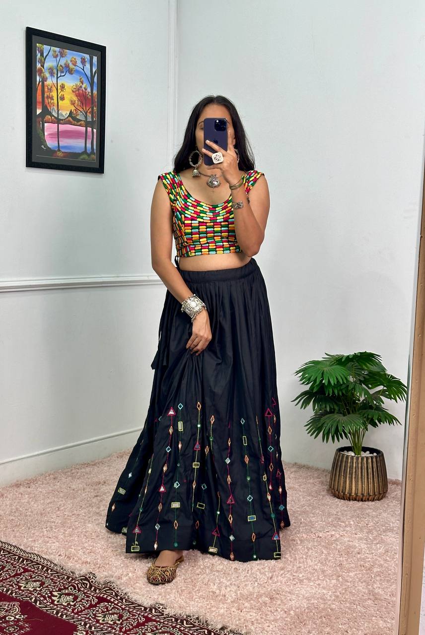 Designer Rayon Lehenga with 4 Meter Flair & Banglory Embroidered Blouse (Black)