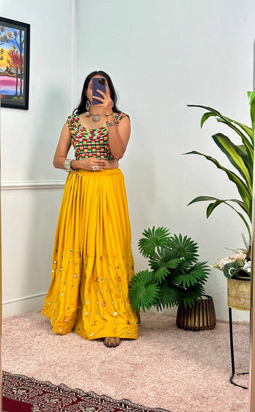 Designer Rayon Lehenga with 4 Meter Flair & Banglory Embroidered Blouse (Yellow)