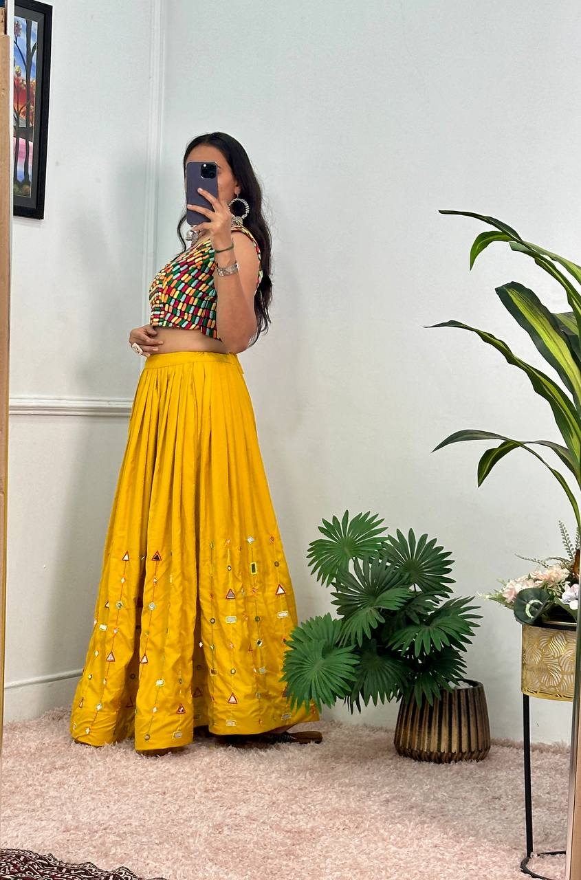 Designer Rayon Lehenga with 4 Meter Flair & Banglory Embroidered Blouse (Yellow)
