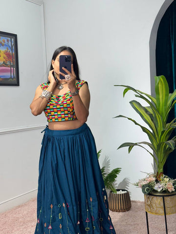 Designer Rayon Lehenga with 4 Meter Flair & Banglory Embroidered Blouse (Sky Blue)