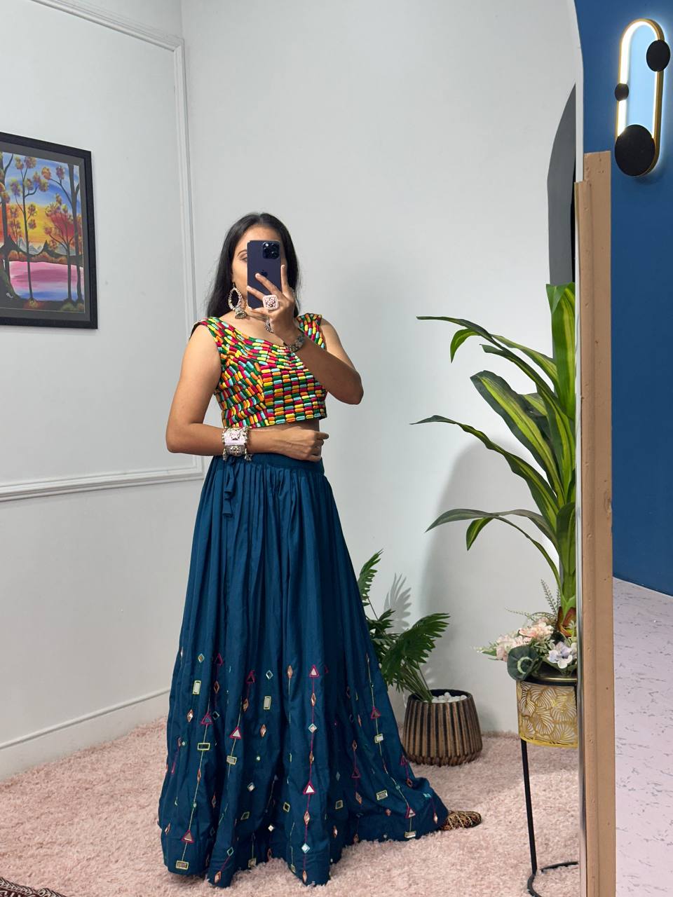 Designer Rayon Lehenga with 4 Meter Flair & Banglory Embroidered Blouse (Sky Blue)