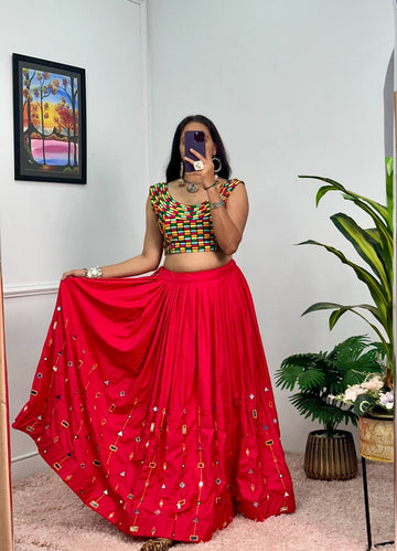 Designer Rayon Lehenga with 4 Meter Flair & Banglory Embroidered Blouse (Red)