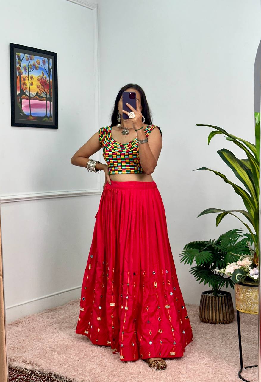 Designer Rayon Lehenga with 4 Meter Flair & Banglory Embroidered Blouse (Red)