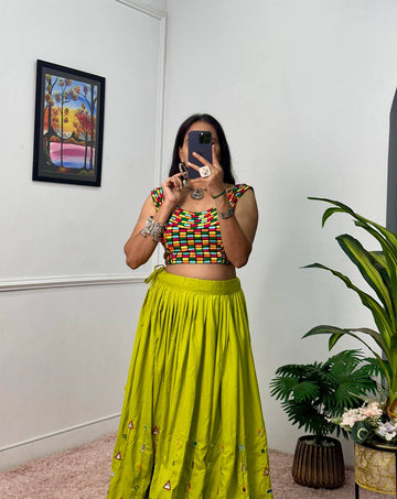 Designer Rayon Lehenga with 4 Meter Flair & Banglory Embroidered Blouse (Green)