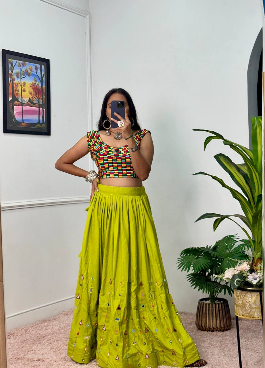 Designer Rayon Lehenga with 4 Meter Flair & Banglory Embroidered Blouse (Green)