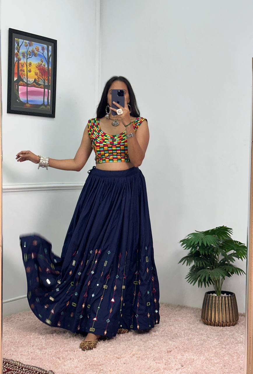 Designer Rayon Lehenga with 4 Meter Flair & Banglory Embroidered Blouse (Blue)