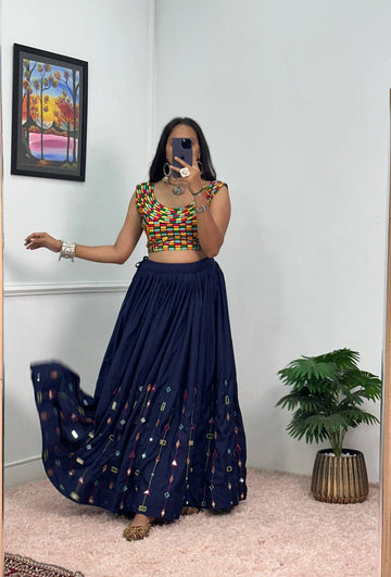 Designer Rayon Lehenga with 4 Meter Flair & Banglory Embroidered Blouse (Blue)