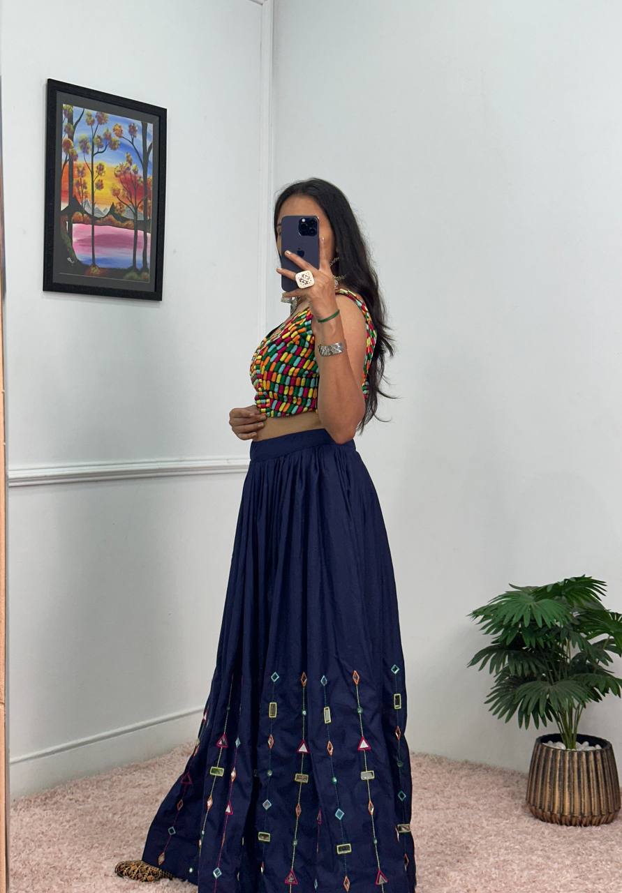 Designer Rayon Lehenga with 4 Meter Flair & Banglory Embroidered Blouse (Blue)