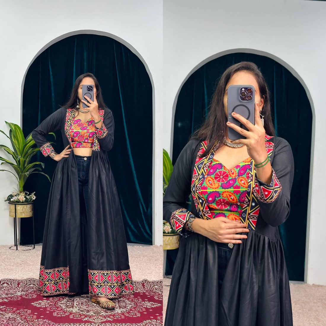 Elegant Cotton Shrug & Blouse Set with Printed Lace and Real Mirror Work