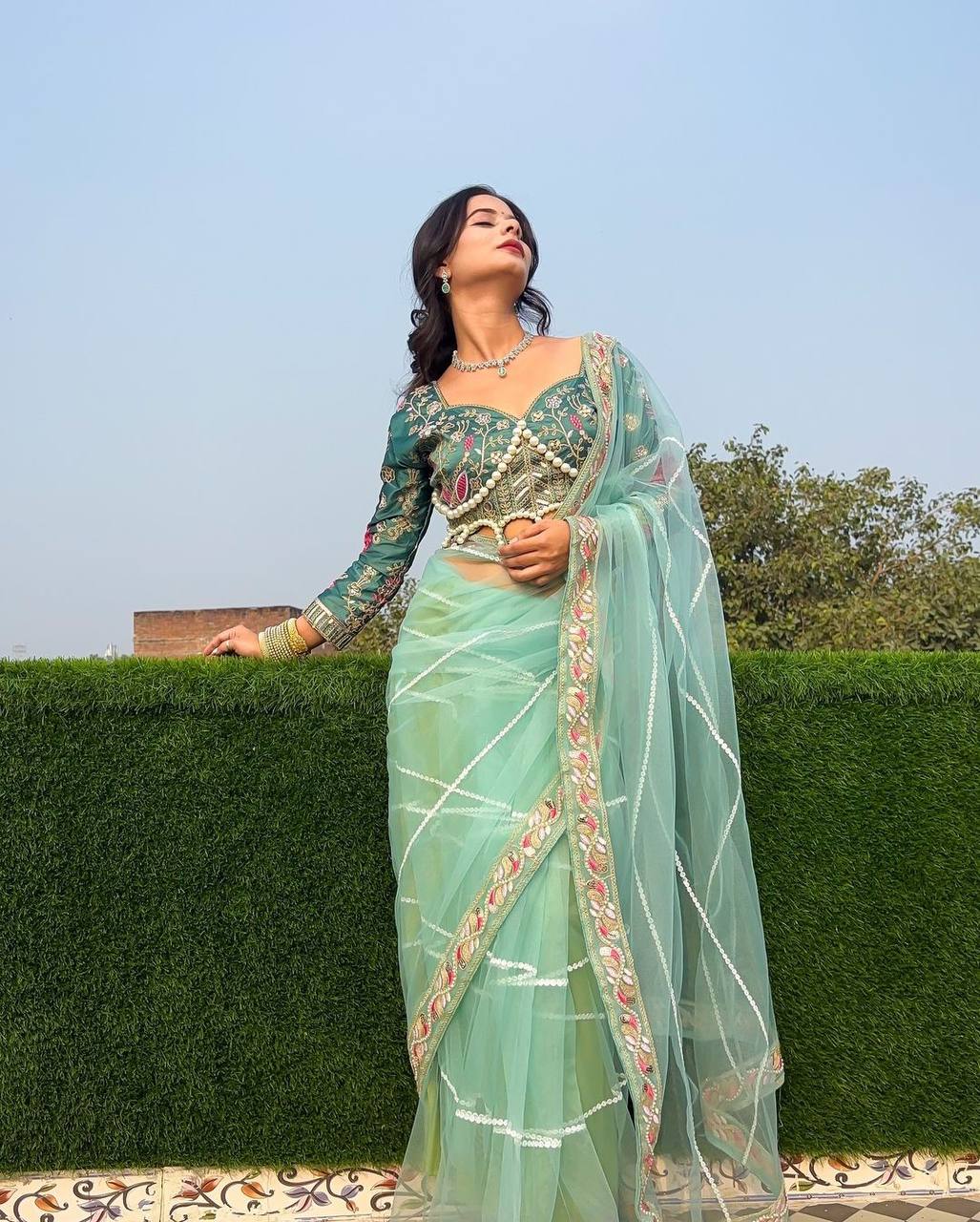Designer Butterfly Net Saree with Embroidery & Pearl Work Border