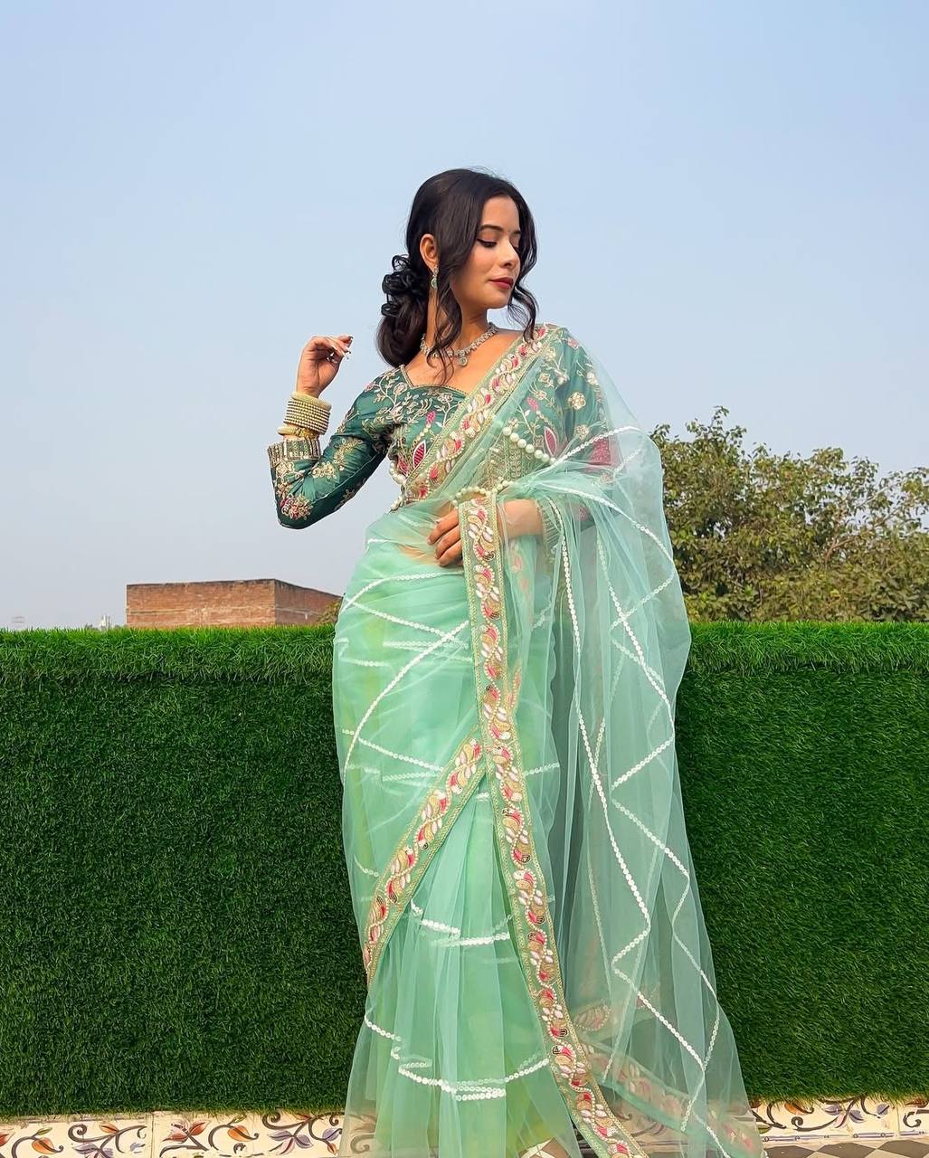 Designer Butterfly Net Saree with Embroidery & Pearl Work Border
