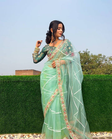 Designer Butterfly Net Saree with Embroidery & Pearl Work Border