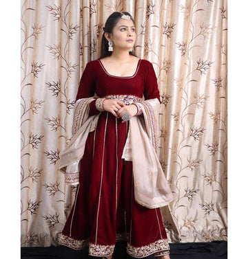 Embroidered Velvet Gown Set with Organza Silk Dupatta and Matching Velvet Pants