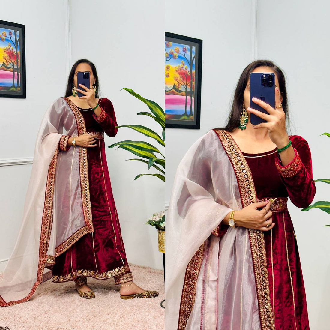 Embroidered Velvet Gown Set with Organza Silk Dupatta and Matching Velvet Pants
