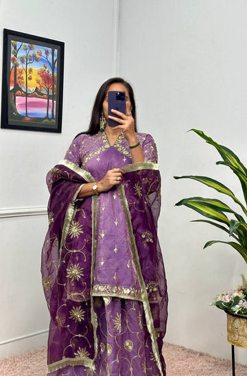 Embroidered Russian Silk Gold Crush Kurta Set with Organza Silk Dupatta & Gold Crush Silk Lehenga